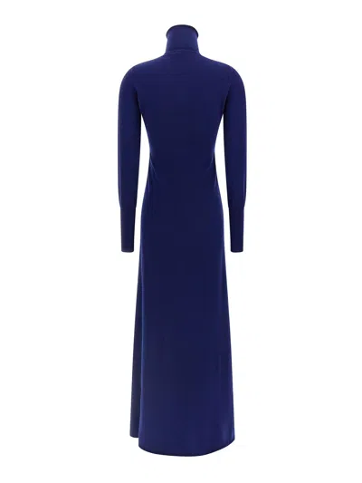 Tom Ford High Neck Buttoned Maxi Dress With Long Sleeves In Blue