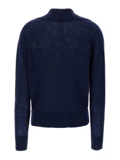 Tom Ford V Neck Long Sleeve Ribbed Hem Polo In Blue