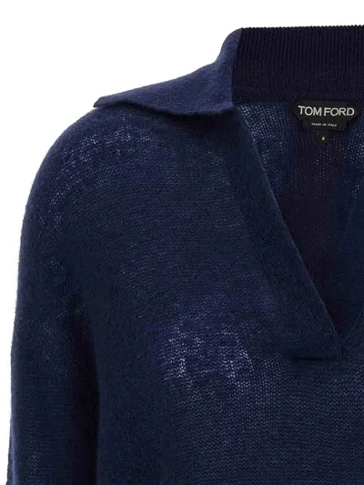 Tom Ford V Neck Long Sleeve Ribbed Hem Polo In Blue