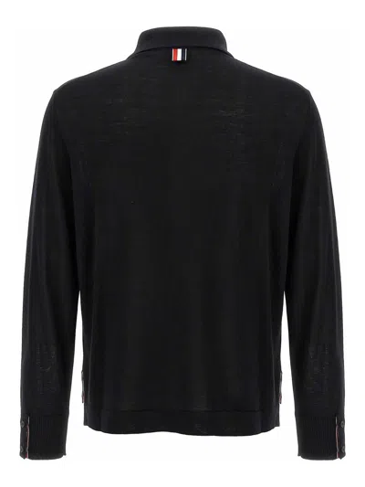 Thom Browne Wool Shirt With Long Sleeves And Striped Detail In Black