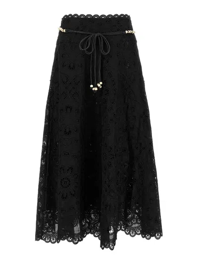 Zimmermann Flared Midi Skirt With Embroidered Openwork Design In Black