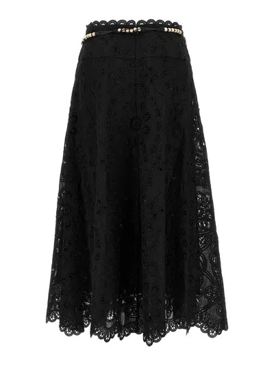 Zimmermann Flared Midi Skirt With Embroidered Openwork Design In Black
