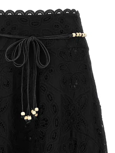 Zimmermann Flared Midi Skirt With Embroidered Openwork Design In Black