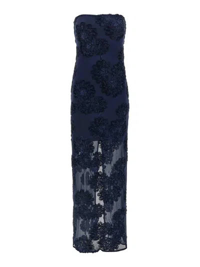 Rotate Birger Christensen Rotate Maxi Dress With Floral Embellishments And Mesh Panel In Blue