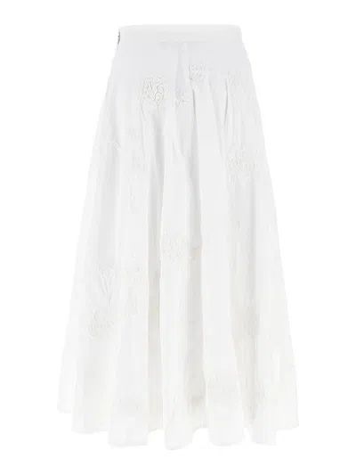 Rotate Birger Christensen Floral Embroidered A-line Midi Skirt In Organic Cotton In White