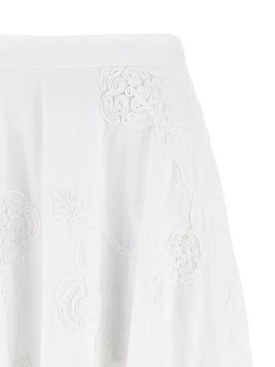 Rotate Birger Christensen Floral Embroidered A-line Midi Skirt In Organic Cotton In White