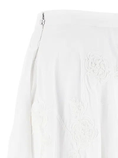 Rotate Birger Christensen Floral Embroidered A-line Midi Skirt In Organic Cotton In White