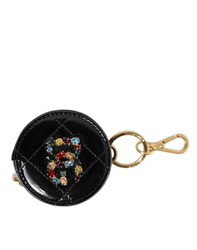 Dolce & Gabbana Black Lamb Leather Dg Crystal Logo Round Coin Purse Women's Wallet In Gold