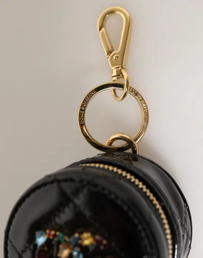 Dolce & Gabbana Black Lamb Leather Dg Crystal Logo Round Coin Purse Women's Wallet In Gold