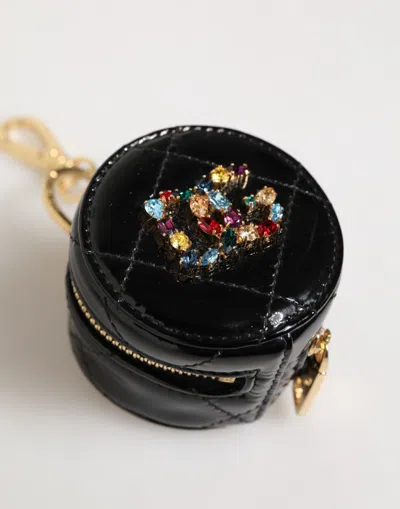 Dolce & Gabbana Black Lamb Leather Dg Crystal Logo Round Coin Purse Women's Wallet In Gold