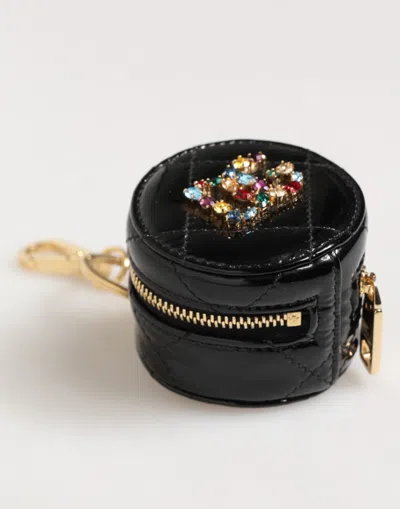 Dolce & Gabbana Black Lamb Leather Dg Crystal Logo Round Coin Purse Women's Wallet In Gold