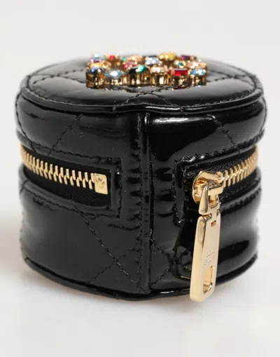 Dolce & Gabbana Black Lamb Leather Dg Crystal Logo Round Coin Purse Women's Wallet In Gold