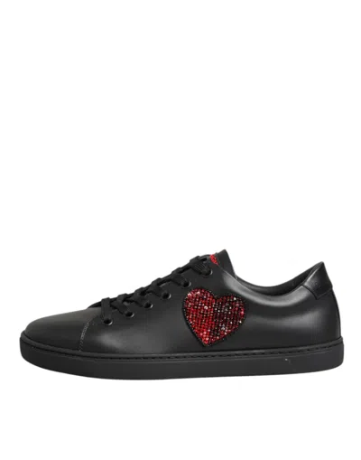 Dolce & Gabbana Black Leather Crystal Heart Low Top Sneakers  Women's Shoes In Black
