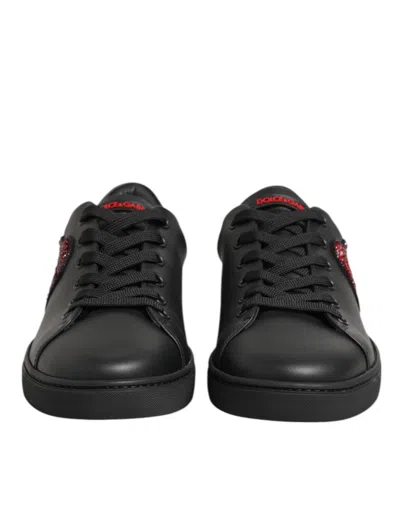 Dolce & Gabbana Black Leather Crystal Heart Low Top Sneakers  Women's Shoes In Black