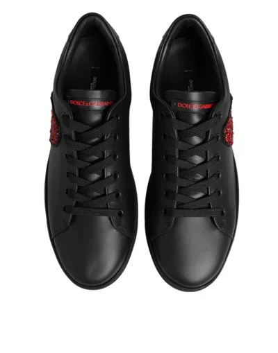 Dolce & Gabbana Black Leather Crystal Heart Low Top Sneakers  Women's Shoes In Black