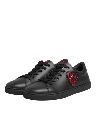 Dolce & Gabbana Black Leather Crystal Heart Low Top Sneakers  Women's Shoes In Black