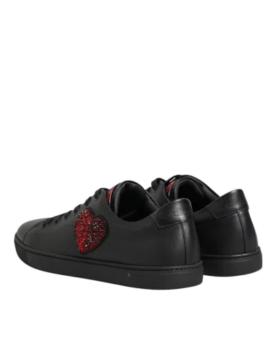 Dolce & Gabbana Black Leather Crystal Heart Low Top Sneakers  Women's Shoes In Black