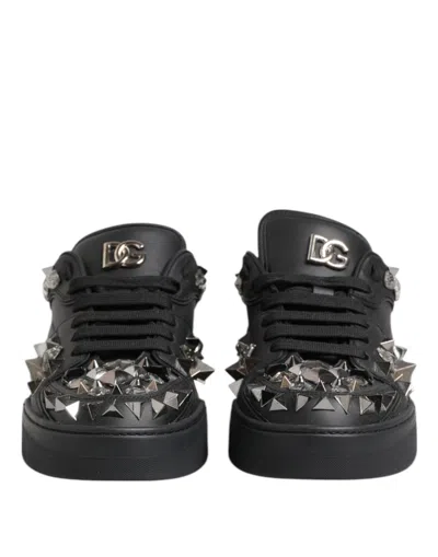 Dolce & Gabbana Black Leather Studded Low Top Sneakers Shoes In Black