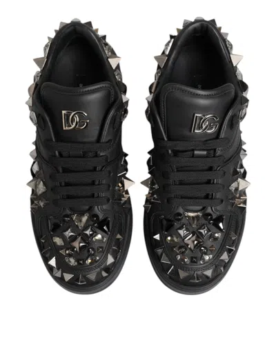 Dolce & Gabbana Black Leather Studded Low Top Sneakers Shoes In Black