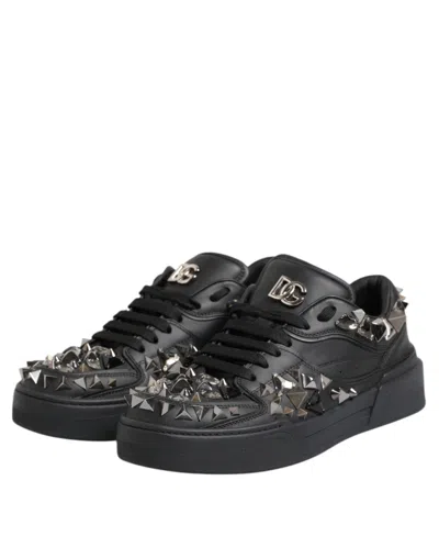 Dolce & Gabbana Black Leather Studded Low Top Sneakers Shoes In Black