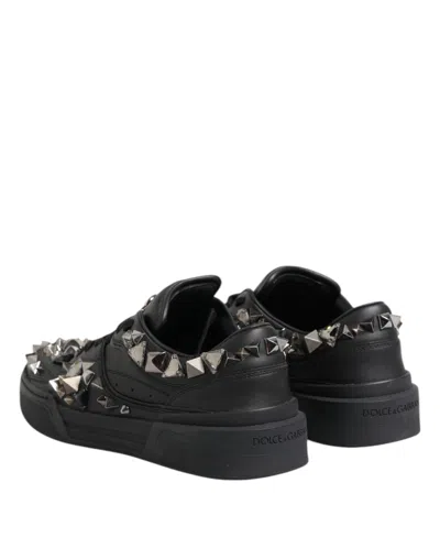 Dolce & Gabbana Black Leather Studded Low Top Sneakers Shoes In Black