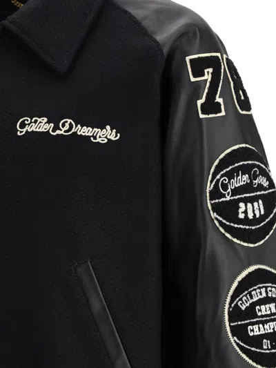 Golden Goose Bomber Compact Cloth Wool Blend Leather Sleeves College Patches Clothing In Black