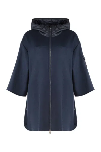Moncler Wool Cape With Hood And Arm Patch In Blue