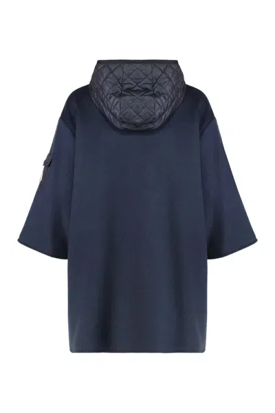 Moncler Wool Cape With Hood And Arm Patch In Blue