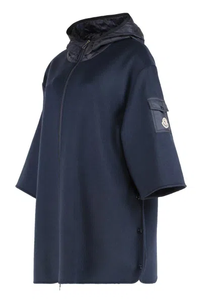 Moncler Wool Cape With Hood And Arm Patch In Blue