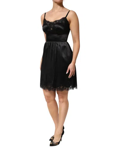 Dolce & Gabbana Black Silk Blend Lace Trim Sleeveless Mini Dress In Black
