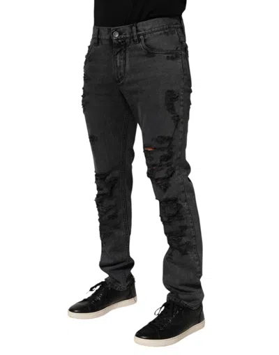 Dolce & Gabbana Black Tattered Skinny Cotton Men Denim Jeans In Black