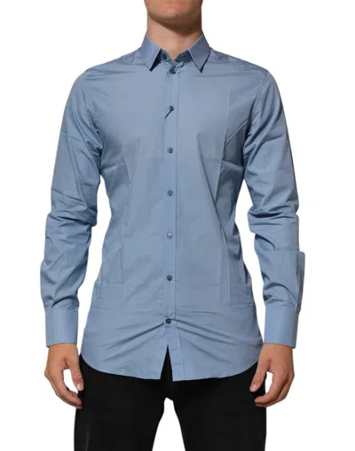 Pre-owned Dolce & Gabbana Blue Cotton Collared Gold Formal Dress Men's Shirt ()