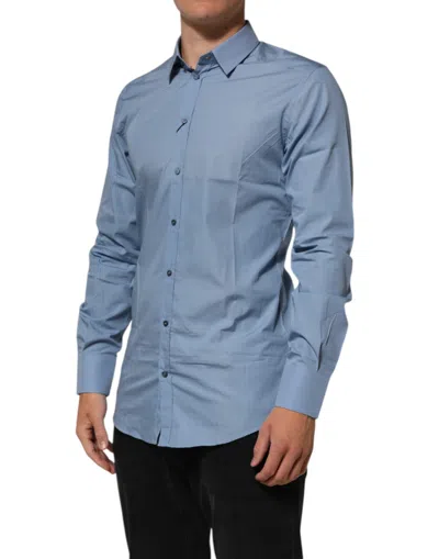 Pre-owned Dolce & Gabbana Blue Cotton Collared Gold Formal Dress Men's Shirt ()