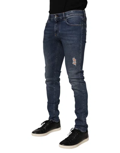 Dolce & Gabbana Blue Cotton Logo Plaque Skinny Men Denim Jeans In Blue