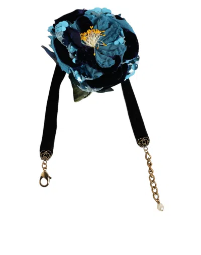 Dolce & Gabbana Blue Floral Appliqué Velvet Choker Crystal Beads Women's Necklace In Blue