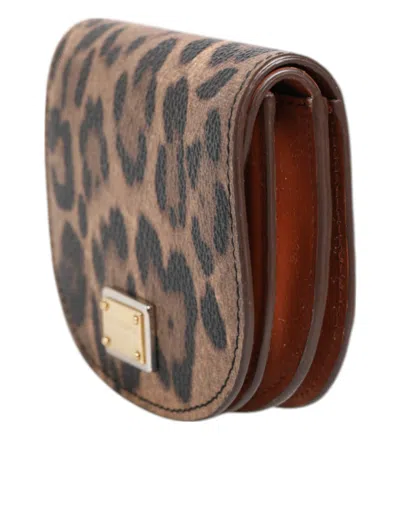 Dolce & Gabbana Brown Black Calf Leather Leopard Print Logo Plaque Women's Wallet In Brown
