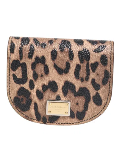 Dolce & Gabbana Brown Black Calf Leather Leopard Print Logo Plaque Wallet In Brown