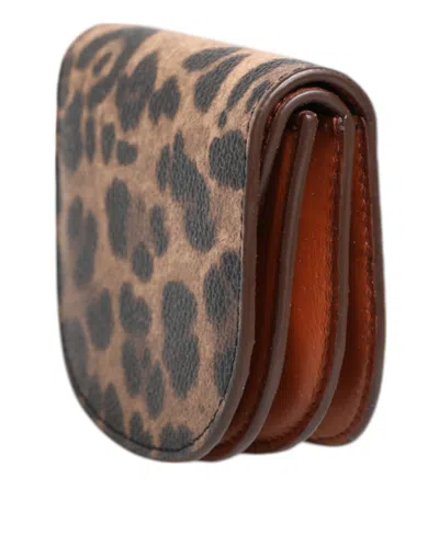 Dolce & Gabbana Brown Black Calf Leather Leopard Print Logo Plaque Wallet In Brown