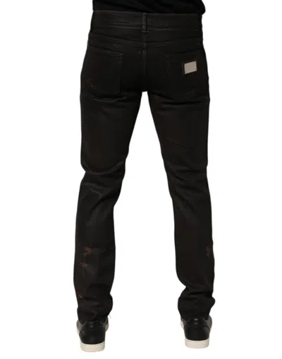 Dolce & Gabbana Dark Brown Tattered Cotton Skinny Denim Jeans In Black