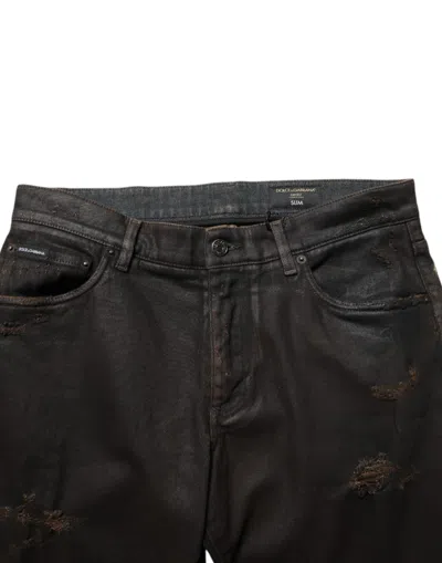 Dolce & Gabbana Dark Brown Tattered Cotton Skinny Denim Jeans In Black