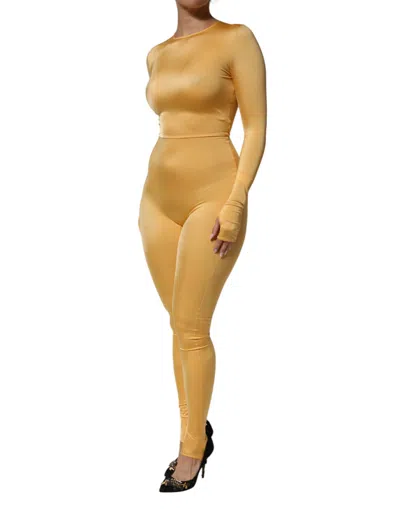 Pre-owned Dolce & Gabbana Gold Yellow Stretch Long Sleeve Bodysuit Women's Dress ()