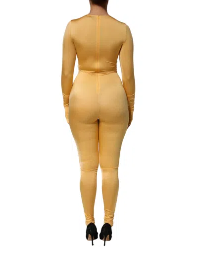 Pre-owned Dolce & Gabbana Gold Yellow Stretch Long Sleeve Bodysuit Women's Dress ()