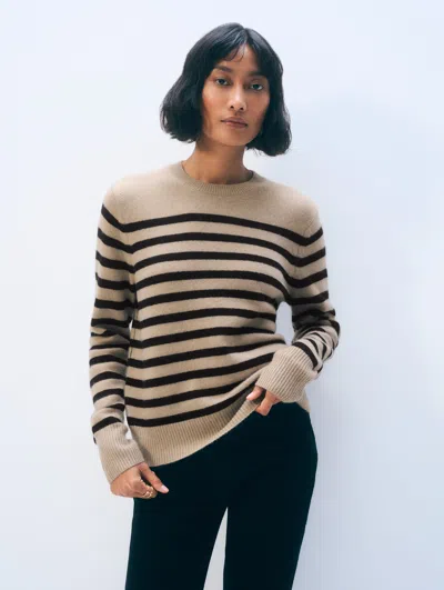 White + Warren Cashmere Striped Crewneck Khaki & Black Top In Neutral