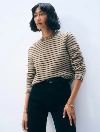 White + Warren Cashmere Textured Stripe Crewnweck Neutral Combo Sweater In Brown