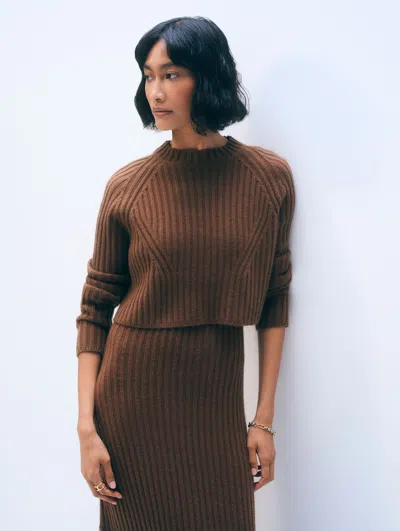 White + Warren Cashmere Blend Cropped Ribbed Crewneck Umber Top In Brown