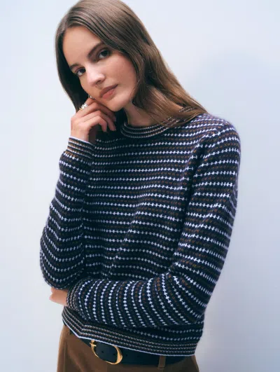 White + Warren Cashmere Textured Stripe Crewneck Top In Blue Combo In Blue