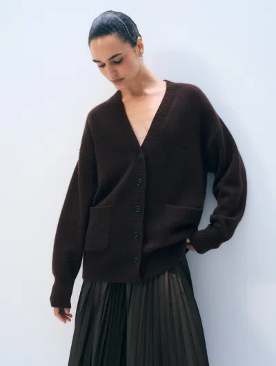 White + Warren Cashmere Luxe Pocket Cardigan Sweater In Dark Umber In Black