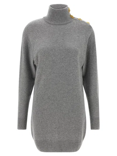Balmain Cashmere Wool Turtleneck Dress Gold Button Detail In Gray