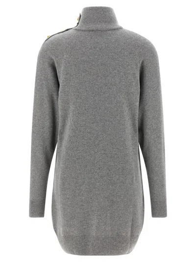 Balmain Cashmere Wool Turtleneck Dress Gold Button Detail In Gray