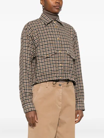 Moncler Checked Cropped Wool-blend Shirt In Brown